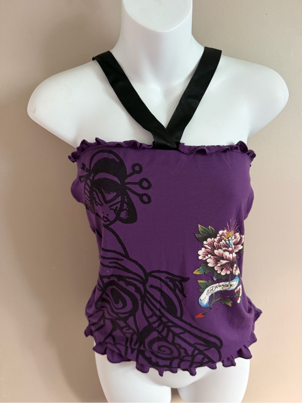 Y2K Ed Hardy Intimates Geisha Flower Halter Tube Top Purple XS